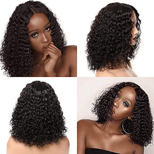 Brazilian Human Hair Short Curly Wigs for Black Women Human Hair Glueless Deep Wave Curly Wigs for Women Bob Wigs With Middle Part Lace Natutal Color(12 inches with 150% density) : Beauty