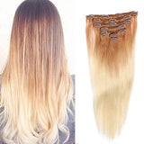 Remy Clip in Hair Extensions Blonde Balayage 70grams 15" Short Straight Human Hair Extensions Clips in Medium Brown to Bleach Blonde Highlights 7 Pieces(#4/613) : Beauty