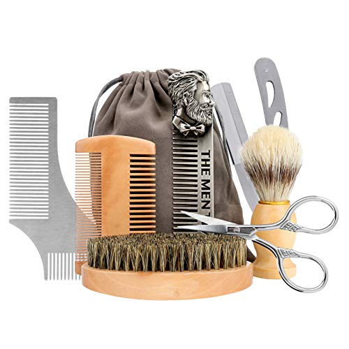Beard Brush & Comb, 7 Pcs Beard Grooming Kit with Trimming Scissor, Wooden Brush, All-Steel Comb, Foam Brush, Boar Bristle Brush, Beard Shaping Comb, Vintage Razor, Bag-Beard Brush for Men Kit : Beauty
