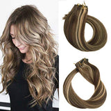 Remy Clip in Hair Extensions Blonde Balayage 70grams 15" Short Straight Human Hair Extensions Clips in Medium Brown to Bleach Blonde Highlights 7 Pieces(#4/613) : Beauty